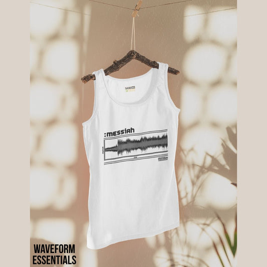 White tank top with graphic design on a hanger against a blurred natural background, drum and bass