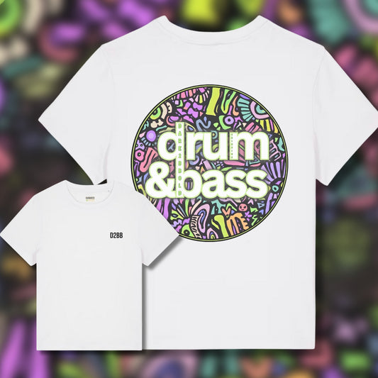 White t-shirt with 'drum & bass' design on a colorful abstract background