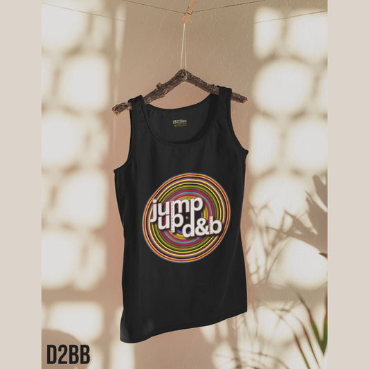 Black tank top with colorful 'Jump up d&b' design on a hanger against a neutral background