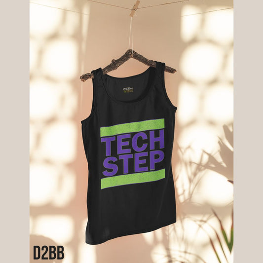 Black tank top with 'TECH STEP' print on a hanger against a light background