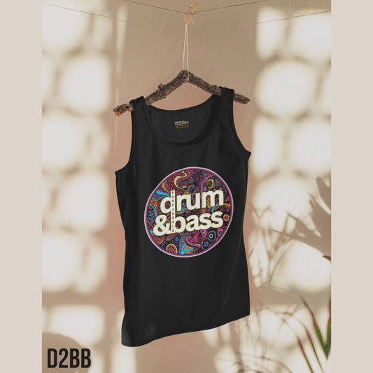DRUM AND BASS DESIGN ON A BLACK VEST FOR MUSIC FESTIVALS AND BEACHWEAR