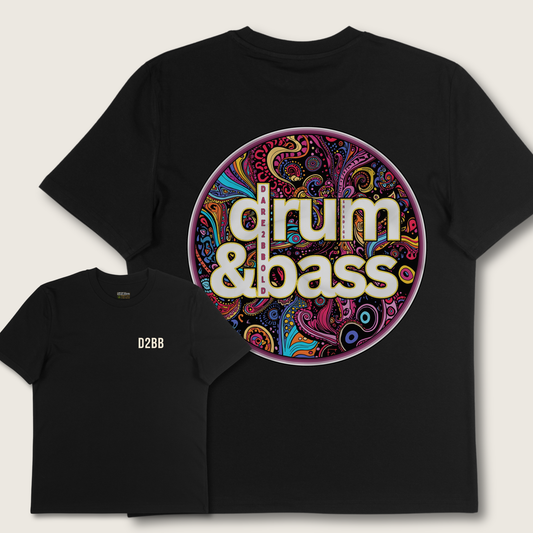 Black t-shirt with 'drum & bass' design on a light gray background