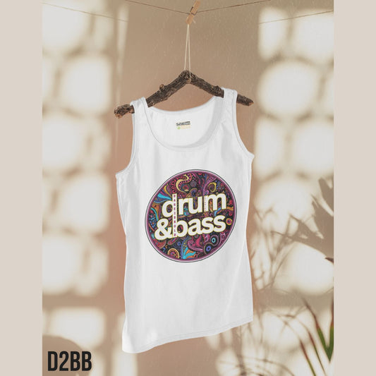 White tank top with 'drum & bass' design on a hanger against a neutral background