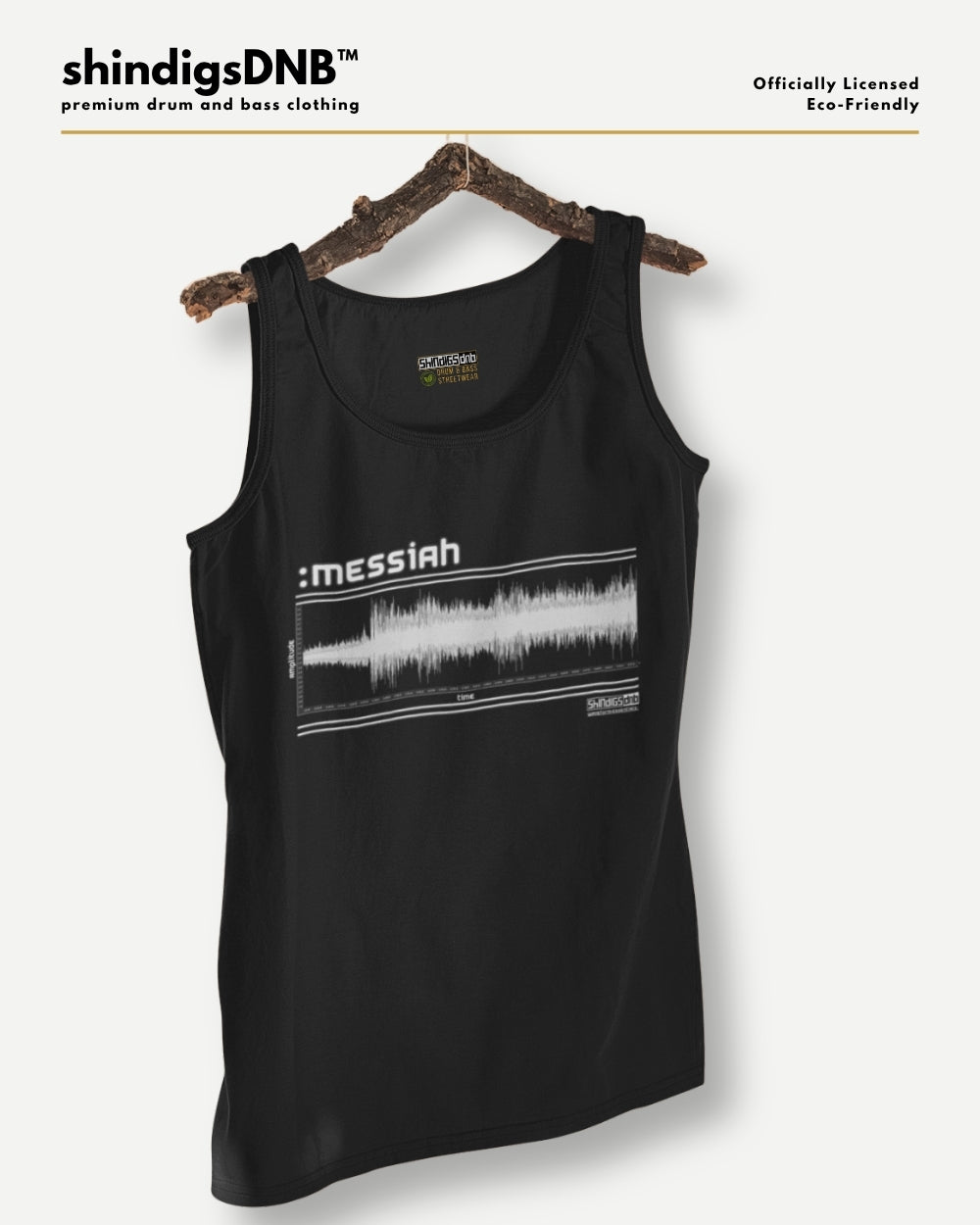 A black tank top hanging on a rustic wooden hanger against a light gray background. The tank top features a white graphic print with the word ':messiah' and a soundwave design.