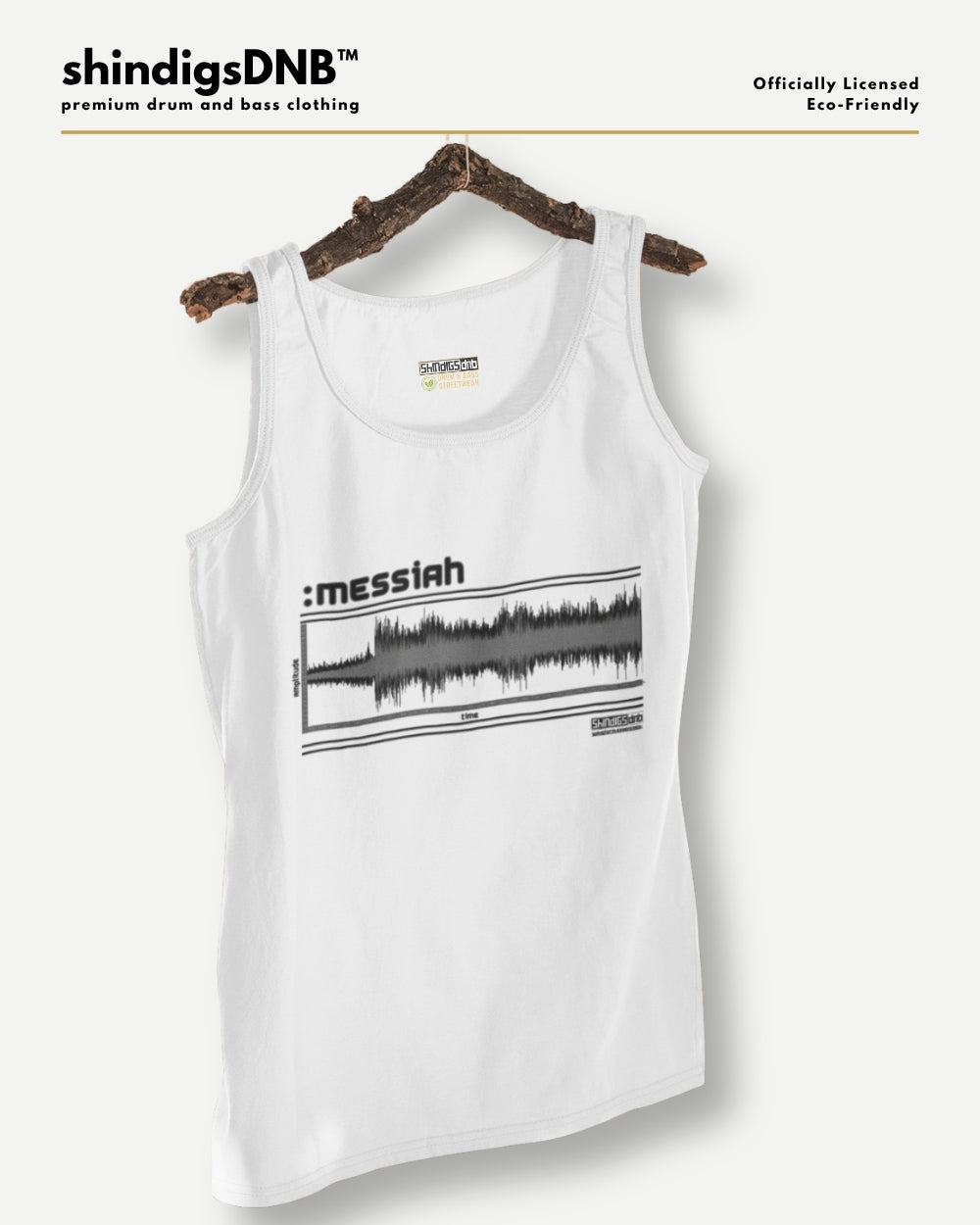 A white sleeveless tank top hanging on a rustic wooden hanger against a light gray background. The tank top features a black graphic print with the text ':messiah' above a soundwave design.