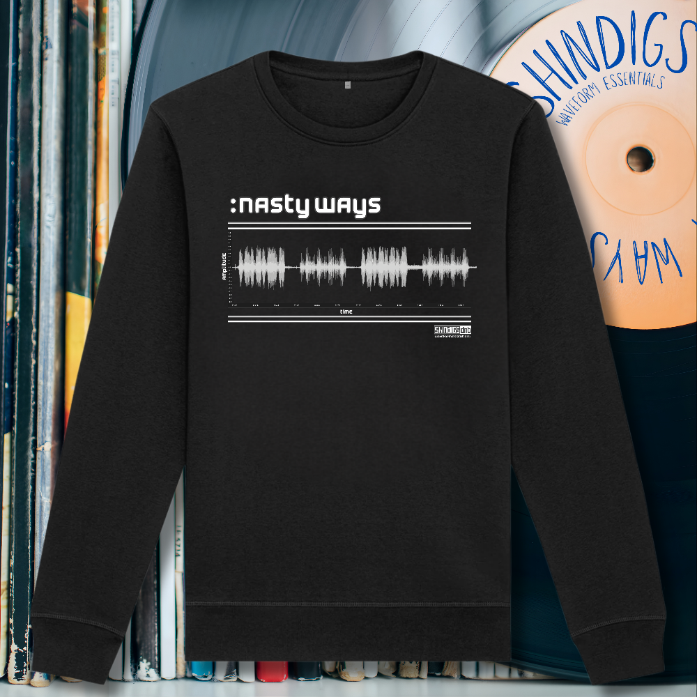Black sweatshirt with 'nasty ways' design on a background of vinyl records