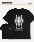 Black short-sleeve graphic t-shirt shown in two views: a larger back view and a smaller front view. The back features a circular graphic with three white mannequin figures, a yellow central section, and the word 'OMNEUM' below.