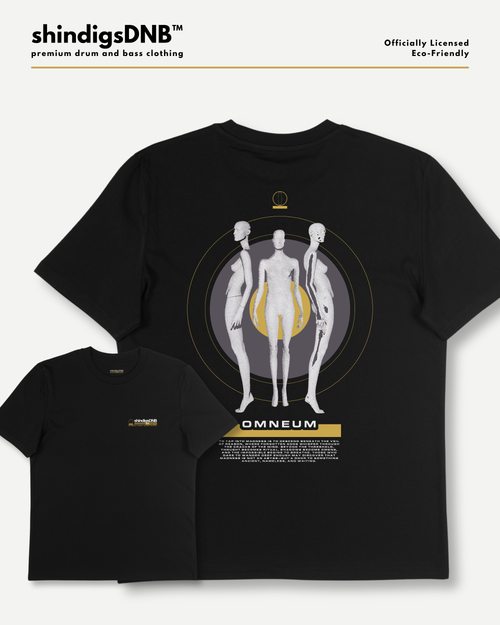 Black short-sleeve graphic t-shirt shown in two views: a larger back view and a smaller front view. The back features a circular graphic with three white mannequin figures, a yellow central section, and the word 'OMNEUM' below.