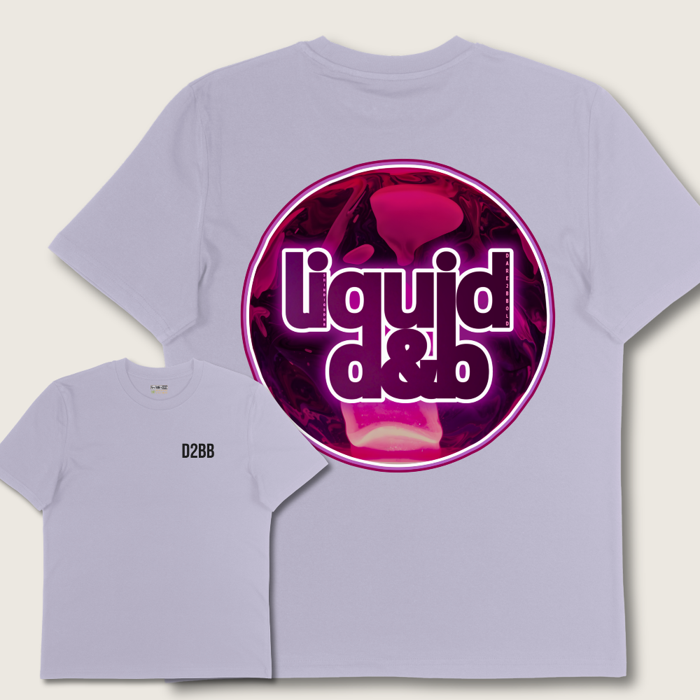 Light purple t-shirt with a pink and purple 'liquid & bb' logo on a light gray background