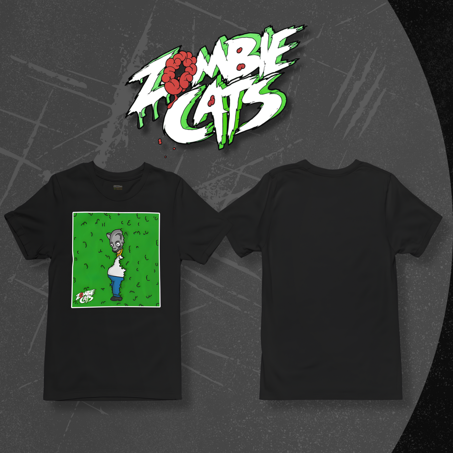 Black t-shirt with 'Zombie Cats' graphic design on a dark background