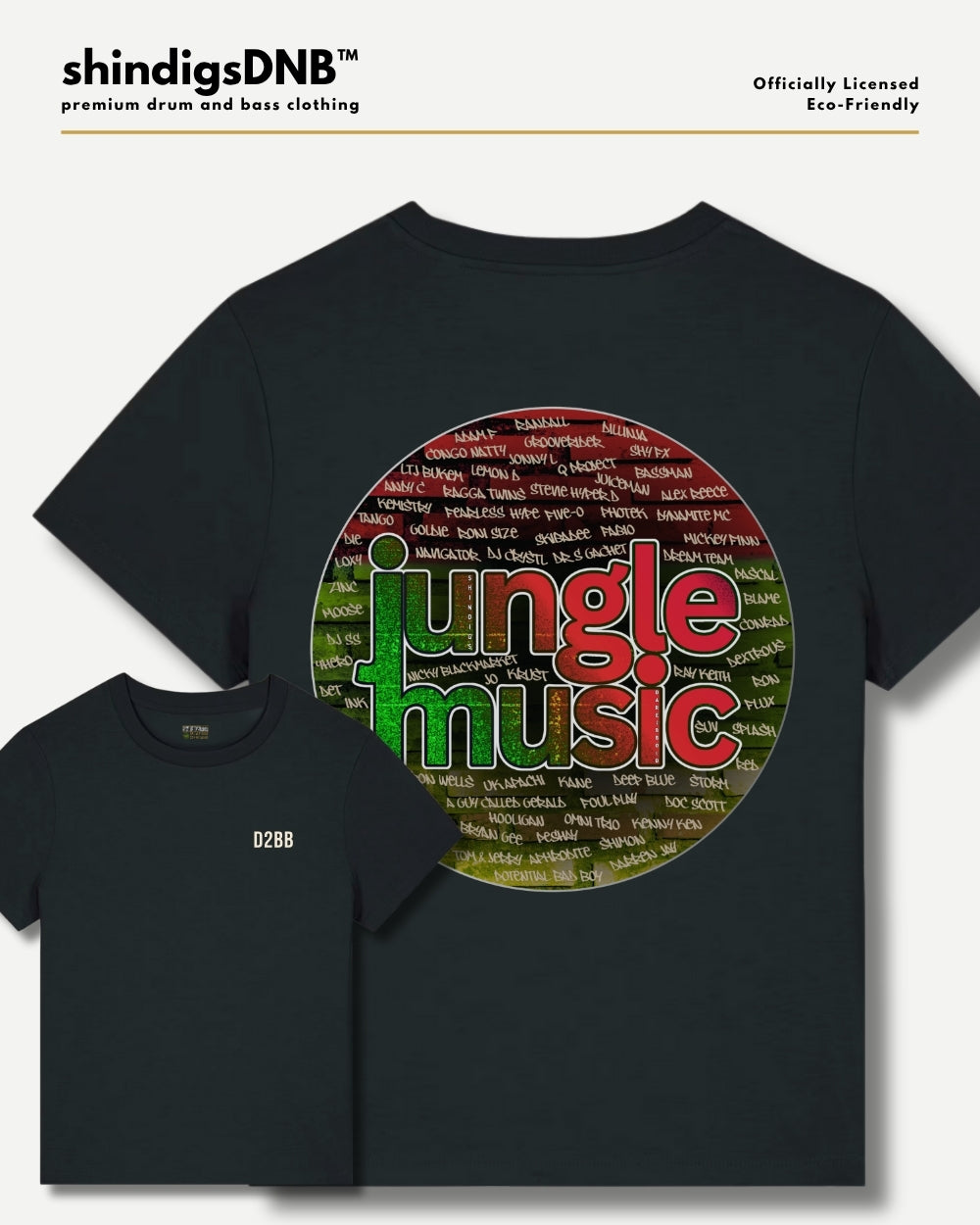 A black short-sleeve t-shirt shown from the back, featuring a large circular graphic with the words 'jungle music' in green and red over a patterned background. A smaller inset view at the bottom left shows the front chest area with a small white 'D2BB' print.