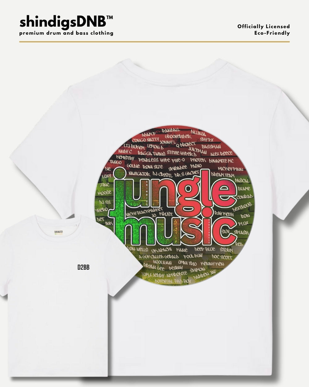 A white short-sleeve t-shirt shown in two views: a larger back view featuring a large circular graphic with the words 'jungle music' in red, green, and white over a background of music genre labels, and a smaller front view with a small black 'D2BB' print on the left chest. The brand 'shindigsDNB' is visible in the top left corner.