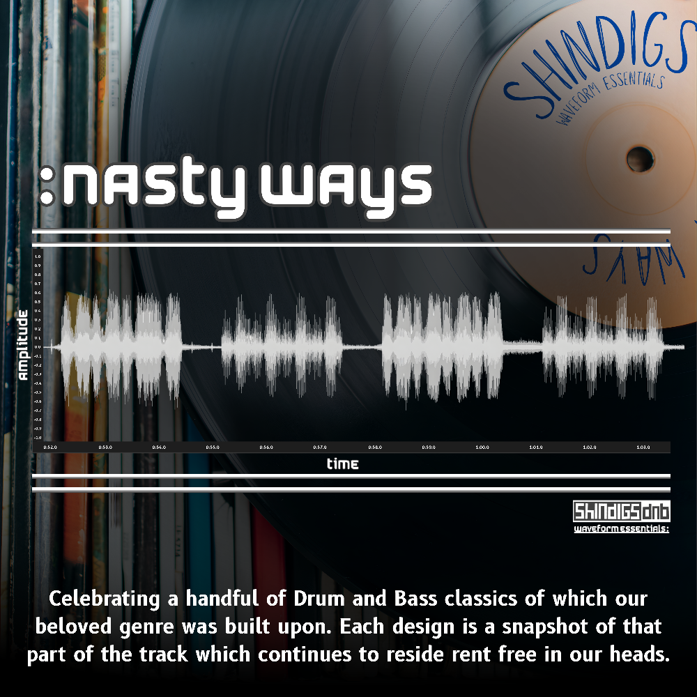 Vinyl record with 'nasty ways' branding and audio waveform, surrounded by books.