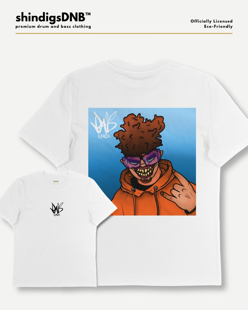 White t-shirt clothing mockup set featuring a large graphic print of a cartoon character with brown hair, purple sunglasses, and an orange hoodie on the back, alongside a smaller white t-shirt with a small black logo on the chest. The brand name 'shindigsDNB' is visible at the top.