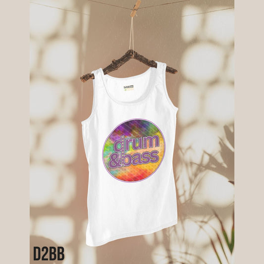 White tank top with 'drum & bass' design on a hanger against a neutral background