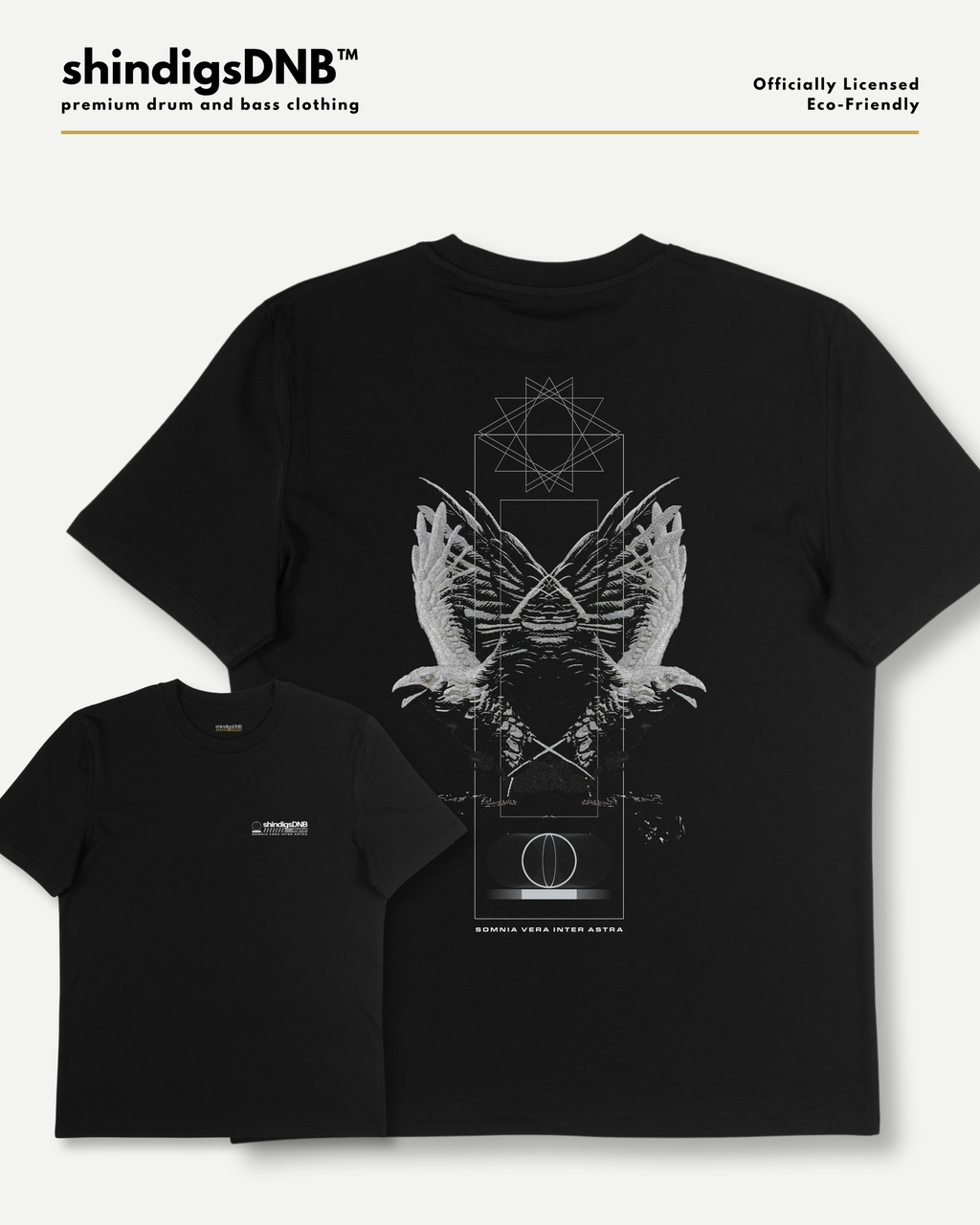 Black short-sleeve t-shirt with a large white graphic of a winged figure inside geometric line art, shown on a light gray background with a smaller inset of the front view. Text at top reads 'shindigsDNB' and 'Officially Licensed Eco-friendly'.