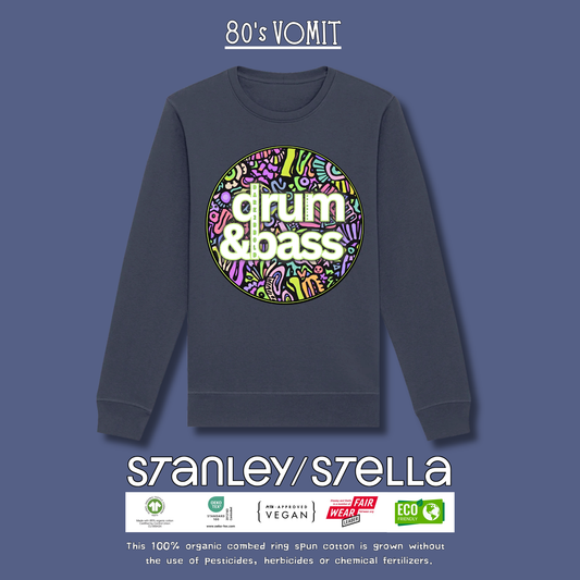 Navy blue sweatshirt with colorful 'drum & bass' graphic on a blue background, featuring the brand 'Stanley Stella'.