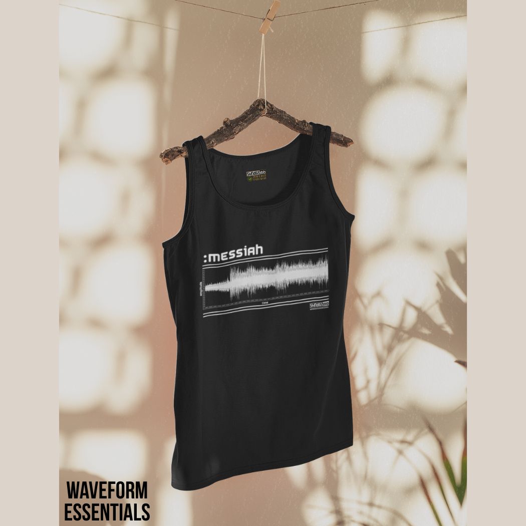 Black tank top with 'messiah' and waveform design on a hanger against a neutral background