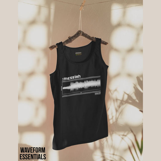 Black tank top with 'messiah' and waveform design on a hanger against a neutral background