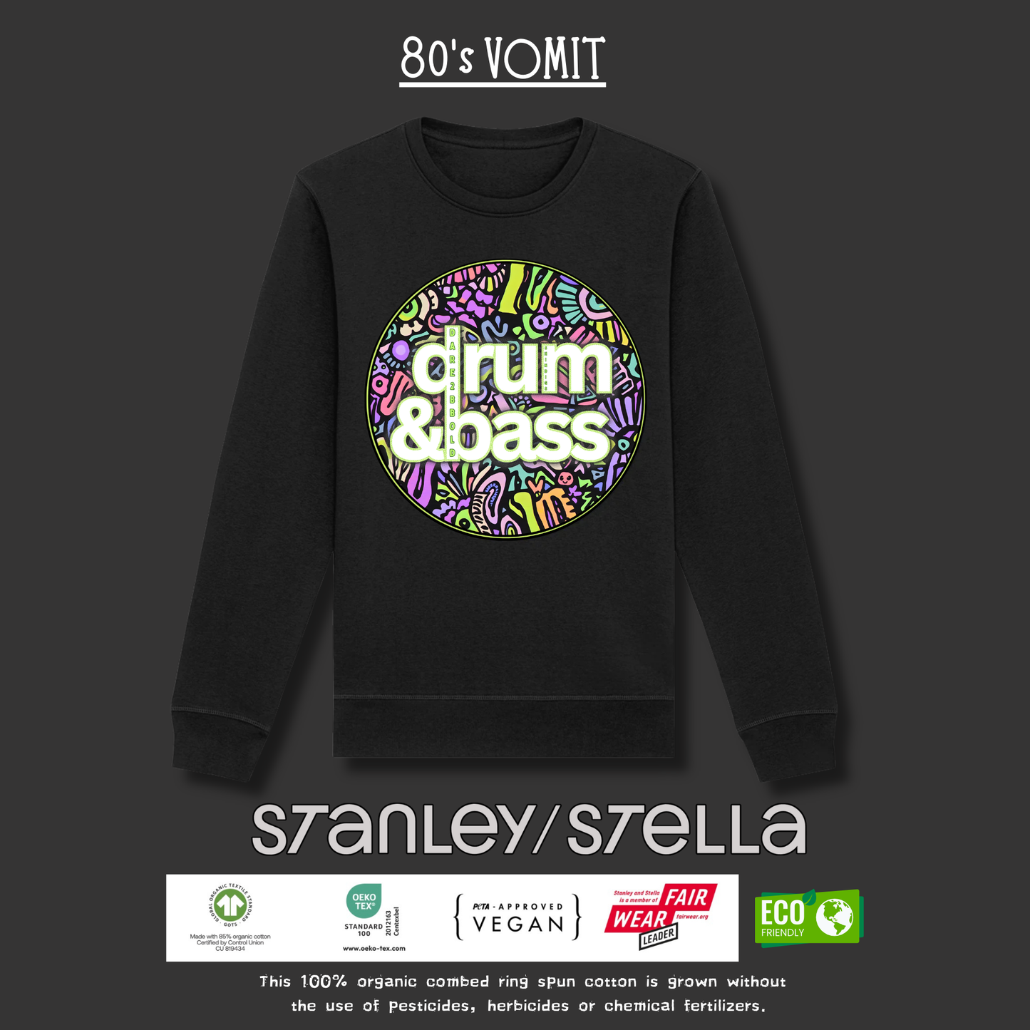 Black sweatshirt with colorful 'drum & bass' design on a dark background, featuring the brand 'Stanley Stella'.