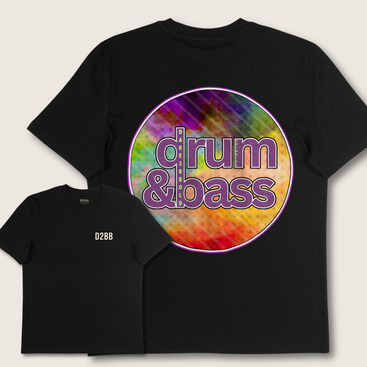 Black t-shirt with a colorful 'Drum & Bass' graphic design on a light gray background
