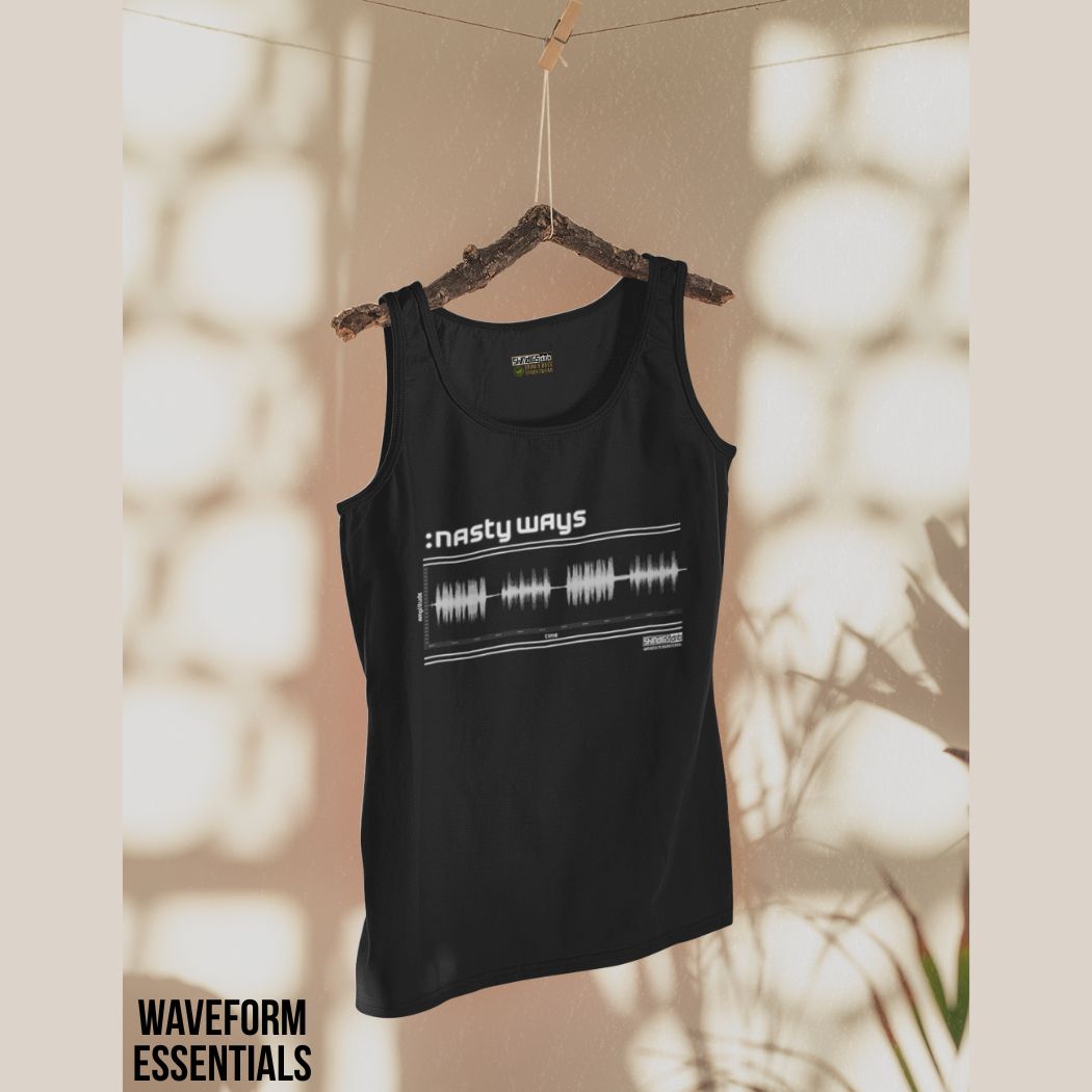 Black tank top with white text and drum and bass graphics on a hanger against a neutral background