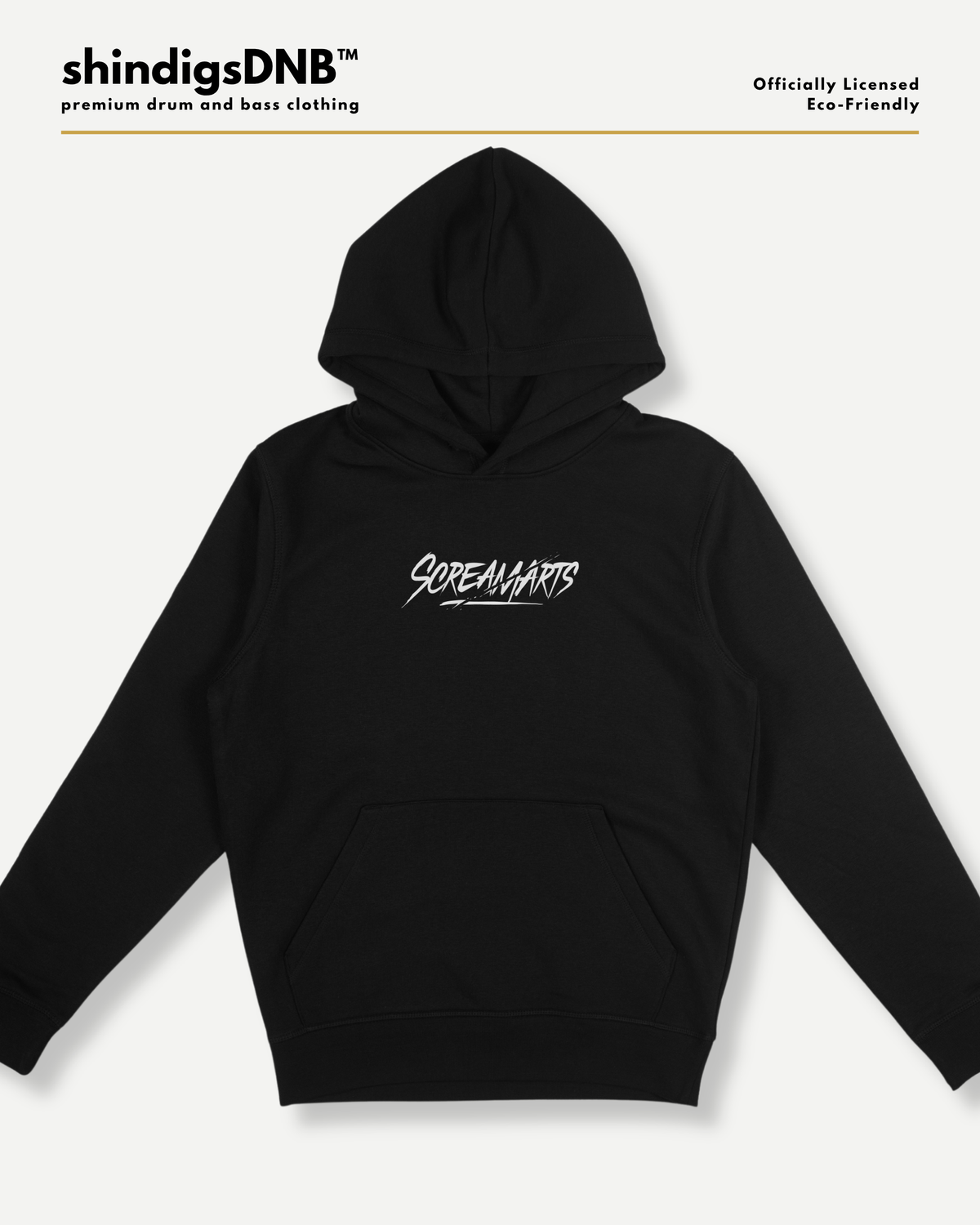 A black pullover hoodie with a white 'Screamarts' graphic printed on the chest, displayed on a light gray background with branding text at the top.