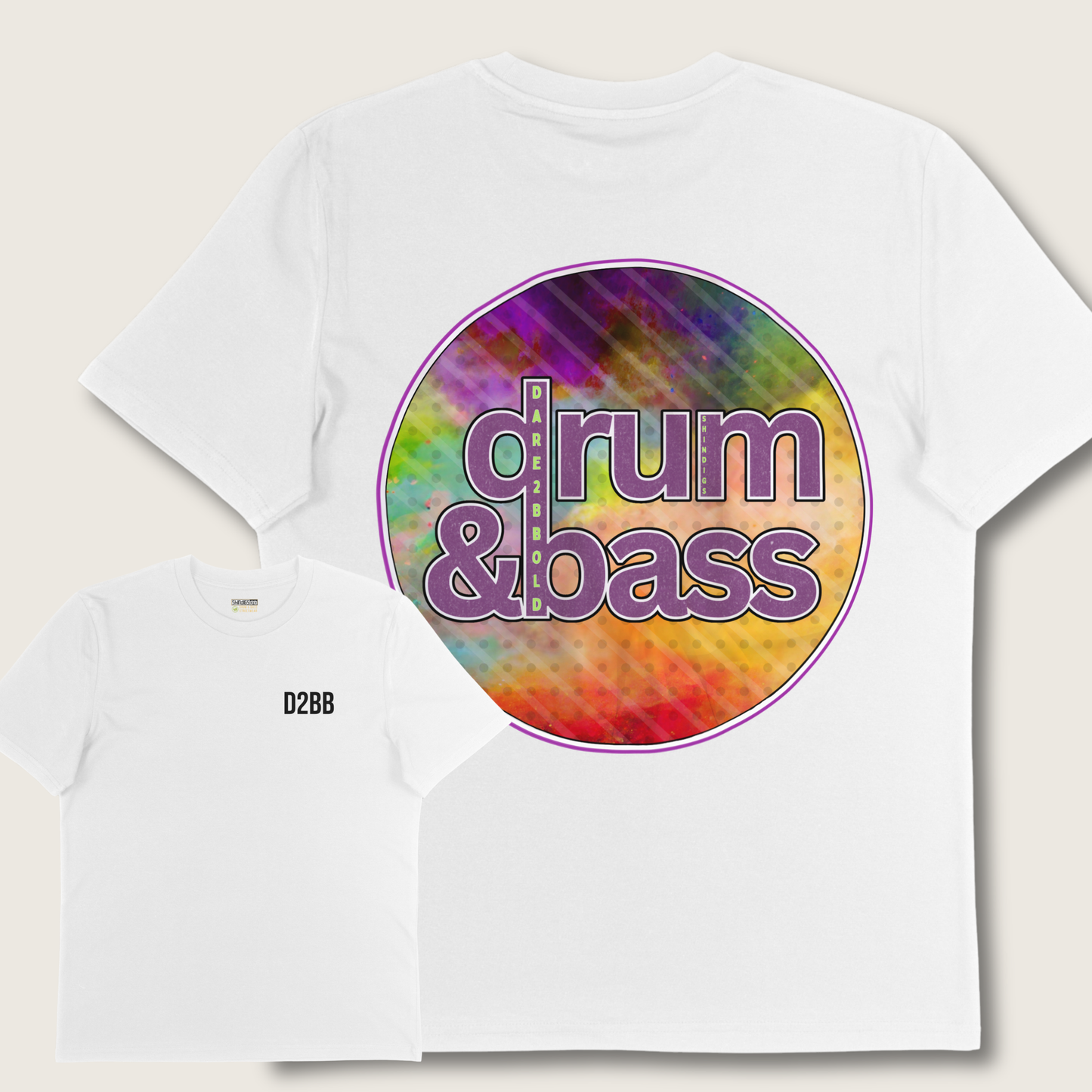 White t-shirt with 'drum & bass' design on a tie-dye background