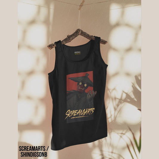 Black tank top with a screamarts graphic design on a hanger against a neutral background, neurofunk, drum and bass