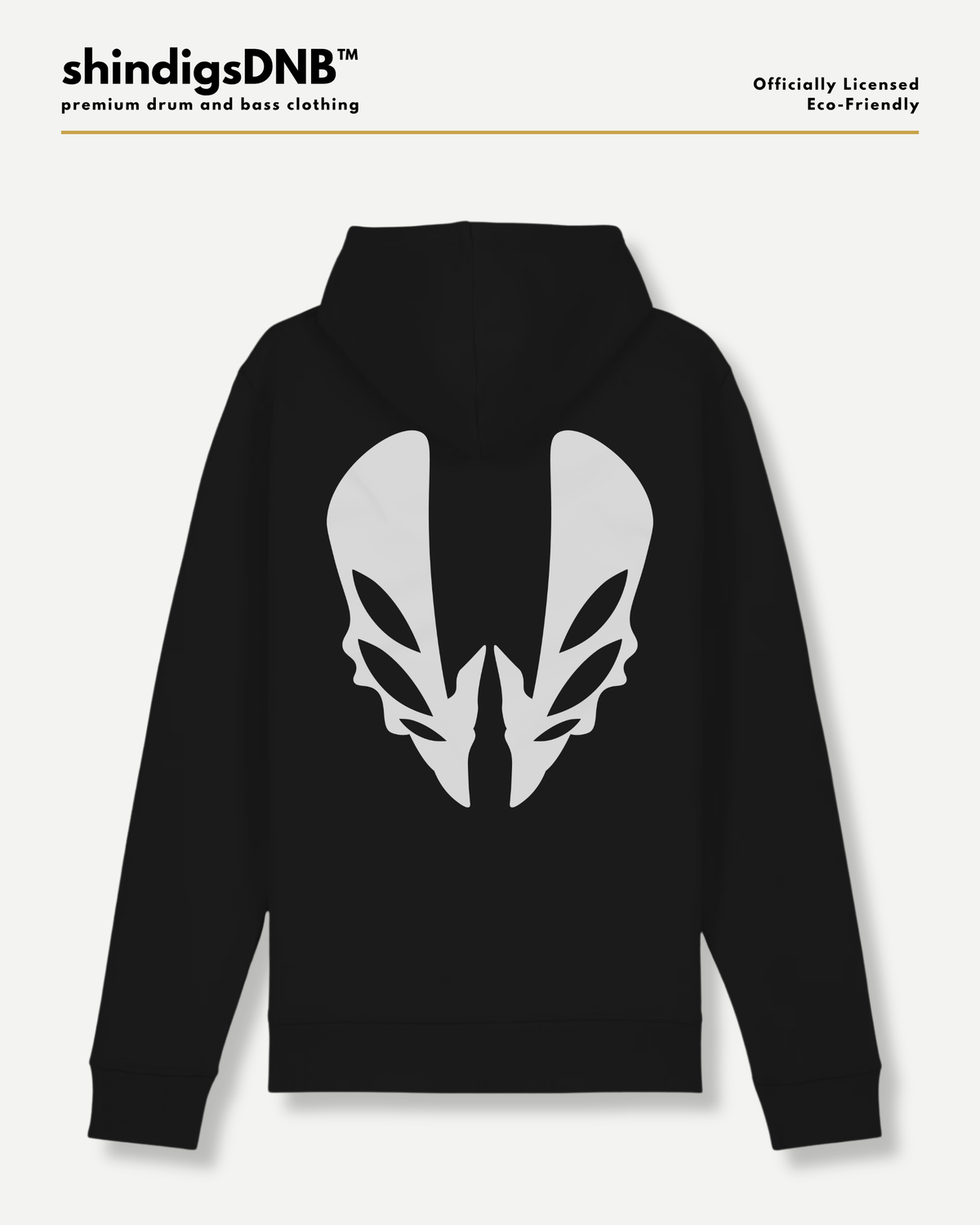 A black hoodie shown from the back, featuring a large white alien head graphic printed on the center. The brand name 'shindigsDNB' is visible in the top left corner, and 'Officially Licensed Eco-friendly' is in the top right, all on a light gray background.