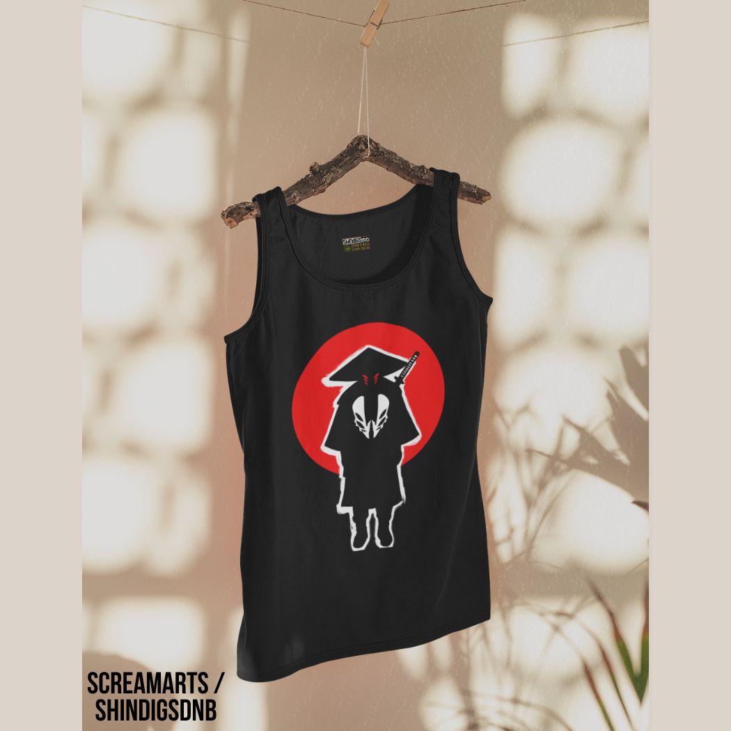 Black tank top with a graphic Screamarts Ronin design on a hanger against a neutral background, neurofunk, drum and bass