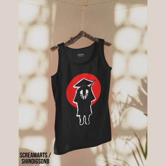 Black tank top with a graphic Screamarts Ronin design on a hanger against a neutral background, neurofunk, drum and bass