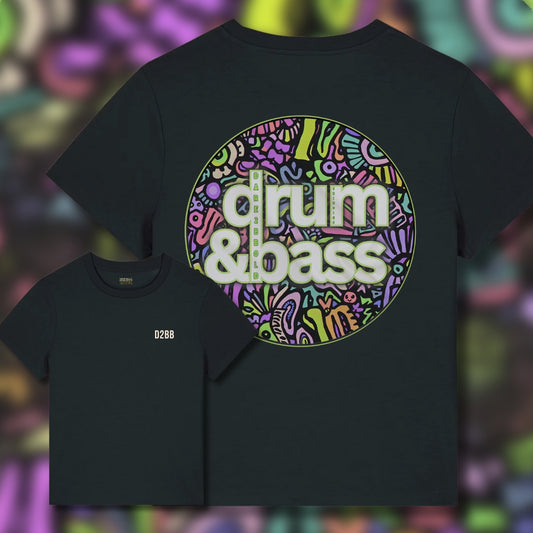 Black t-shirt with 'drum & bass' design on a colorful abstract background