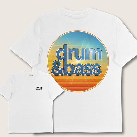 White t-shirt with 'drum & bass' graphic design on a beige background