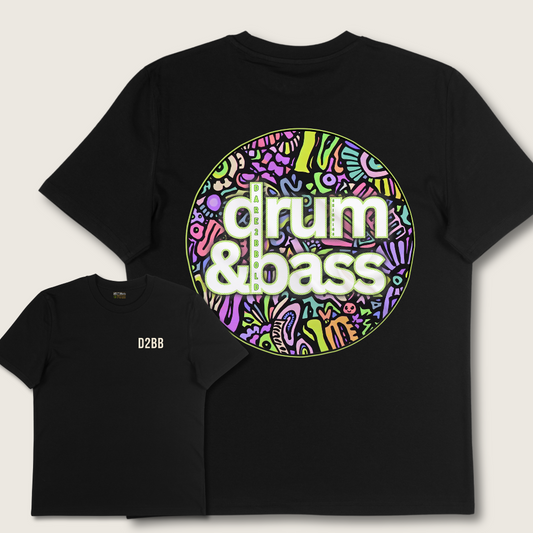 Black t-shirt with colorful 'drum & bass' design on a light gray background