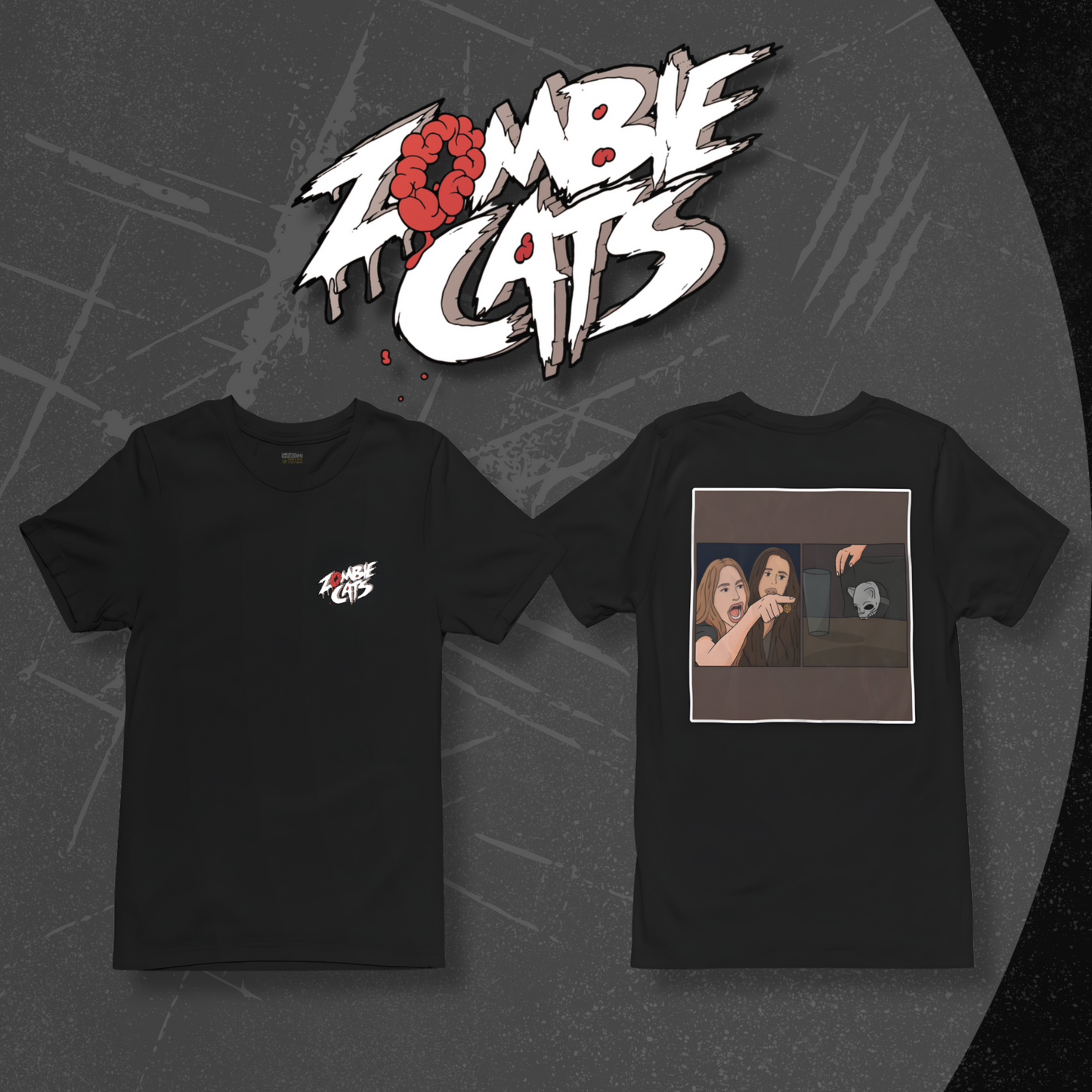 Two black t-shirts with graphic designs on a textured gray background, featuring the 'Zombie Cats' logo.