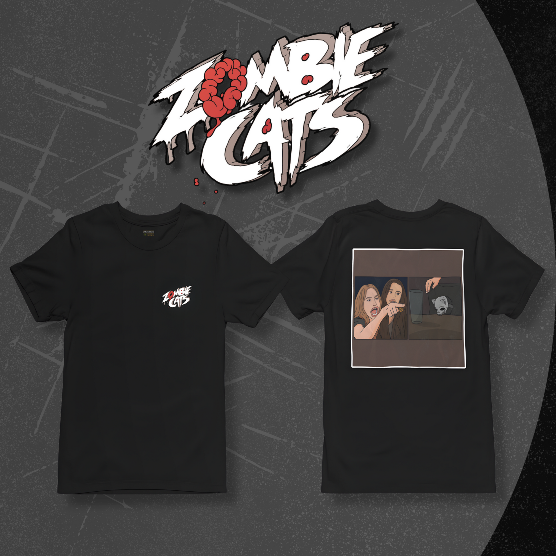 Two black t-shirts with graphic designs on a textured gray background, featuring the 'Zombie Cats' logo.