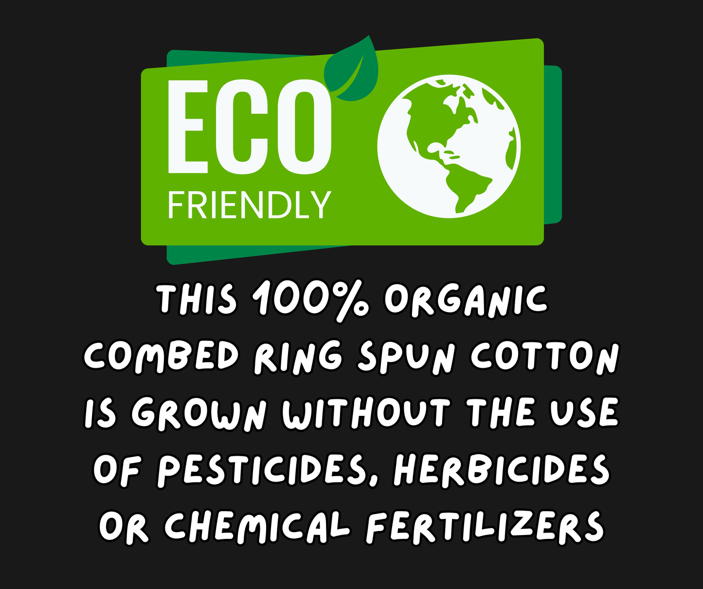 Eco-friendly label with a green background and text about organic cotton on a black background