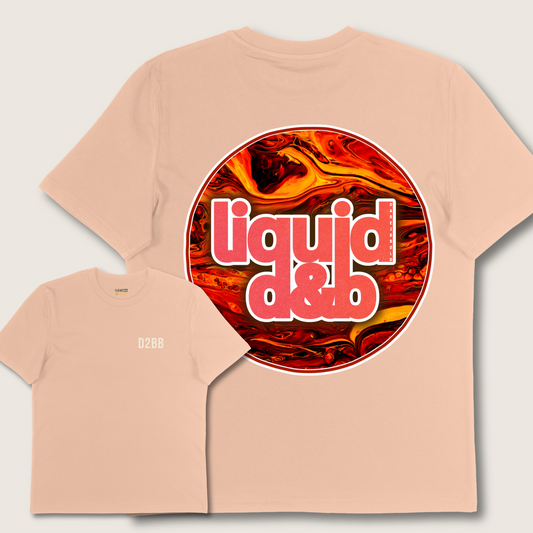 Beige t-shirt with a circular design featuring 'liquid & b' on a light gray background
