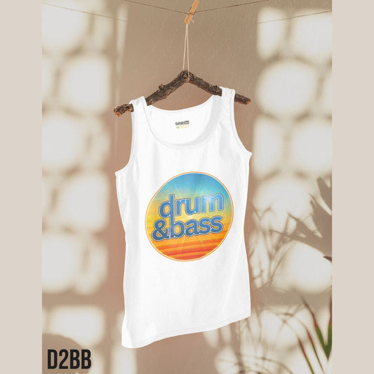 White tank top with 'drum & bass' design on a hanger against a neutral background