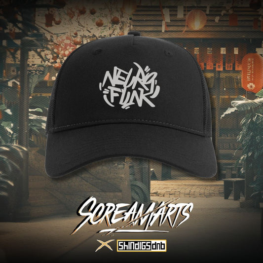 Black neurofunk screamarts cap with white text on a graffiti-covered wall background