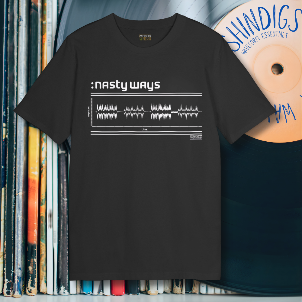 Black t-shirt with 'nasty ways' design on a background of vinyl records