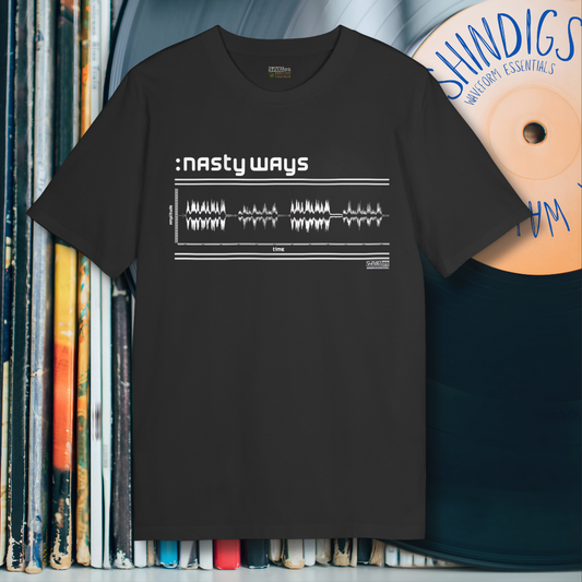 Black t-shirt with 'nasty ways' design on a background of vinyl records