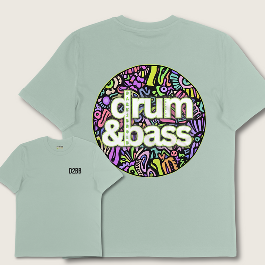 Light green t-shirt with 'drum & bass' design on a plain background