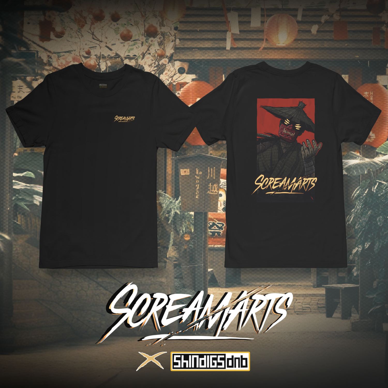 Black t-shirt with 'Screamarts' design on a dark, urban background