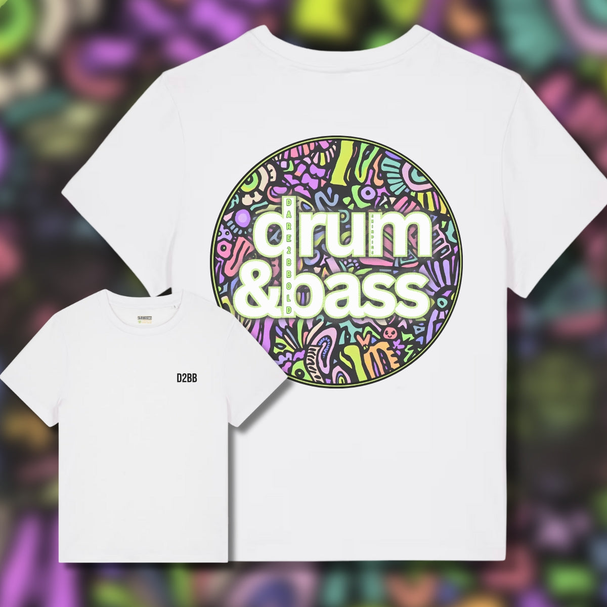 White t-shirt with 'drum & bass' design on a colorful abstract background