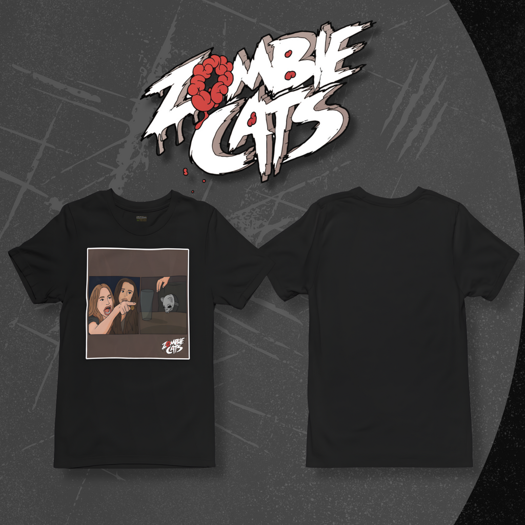Black t-shirt with graphic design and 'Zombie Cats' logo above it on a dark background