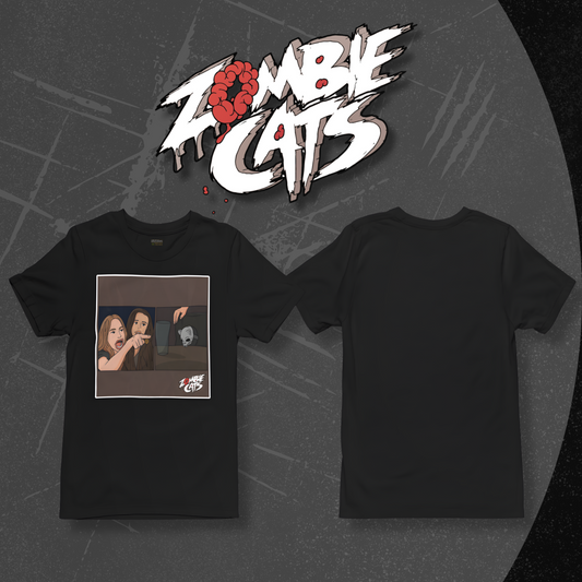 Black t-shirt with graphic design and 'Zombie Cats' logo above it on a dark background
