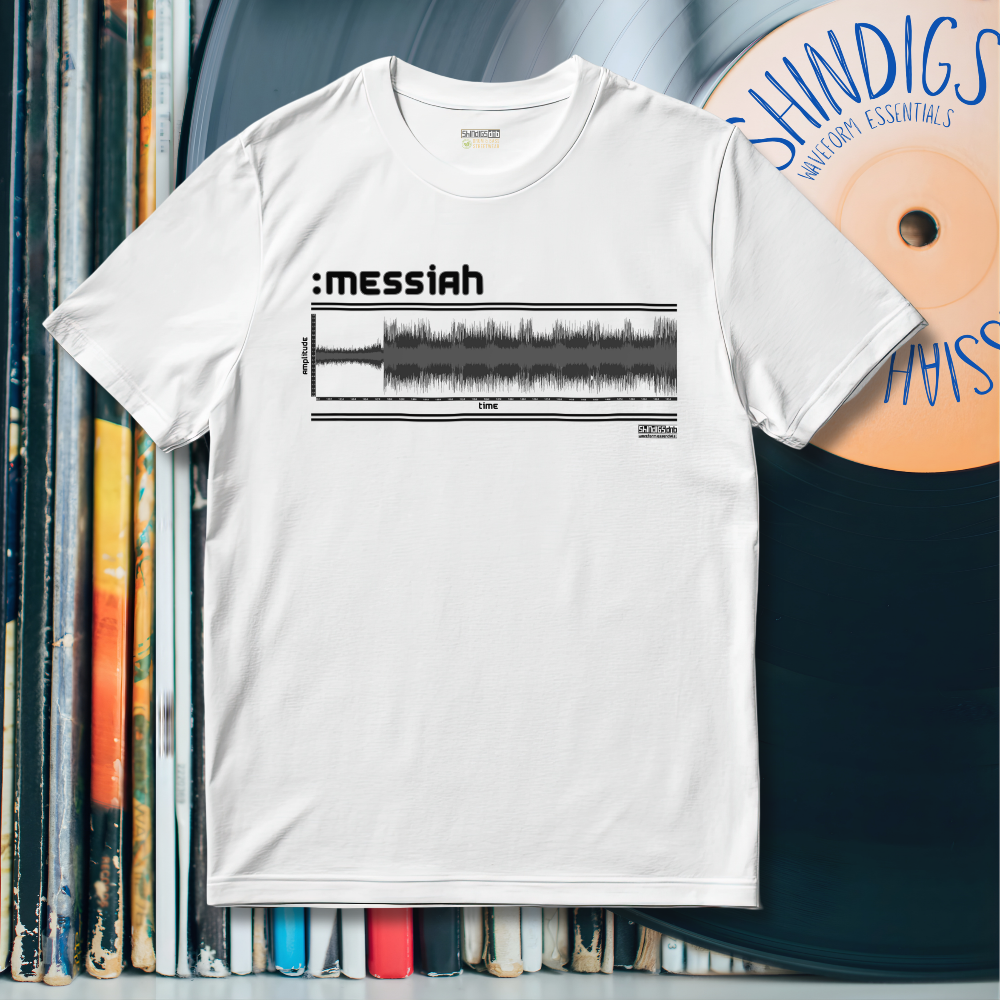 White t-shirt with 'messiah' graphic design on a background of vinyl records