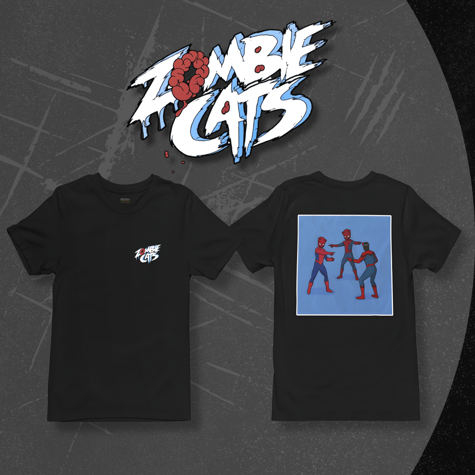 Black t-shirt with graphic design and 'Zombie Cats' logo above on a textured gray background